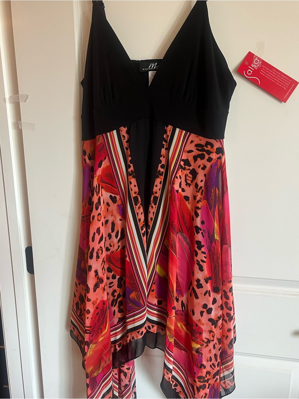Black & Coral Printed Handkerchief Hem Dress